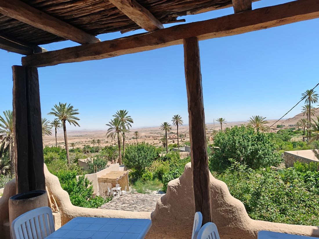 The view from a shaded terrace of split-palm beams out over a palm oasis and the desert beyond