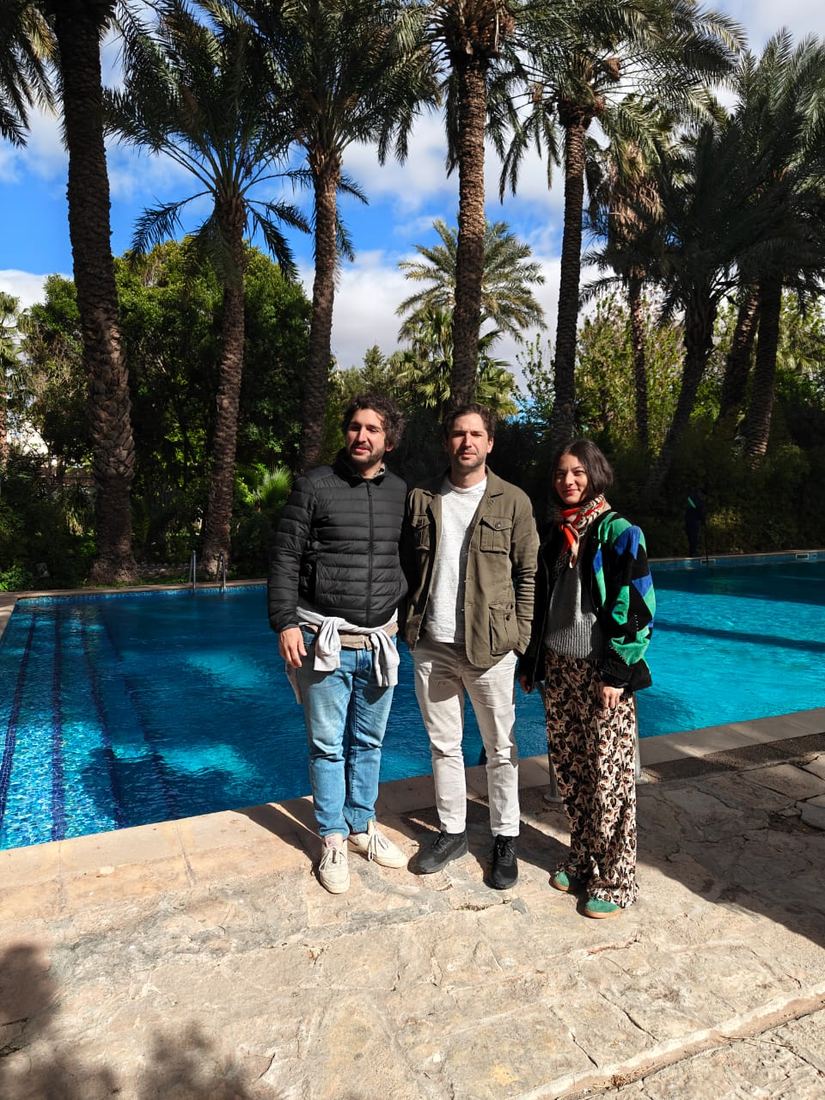 Three travellers beside a long blue pool lined with palm trees