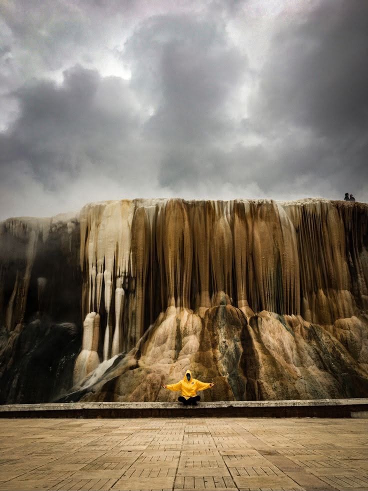 Travertine cascade over mineral terraces, Bou Saada