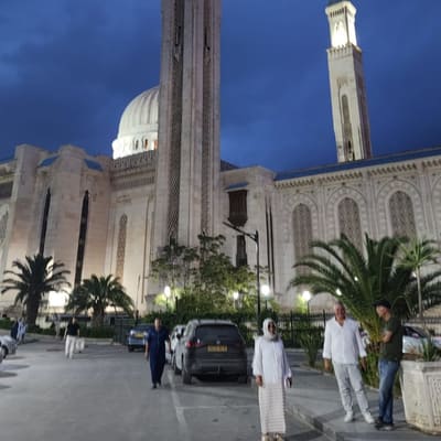 The twin minarets and dome of the Emir Abdelkader Mosque in Constantine, floodlit at dusk