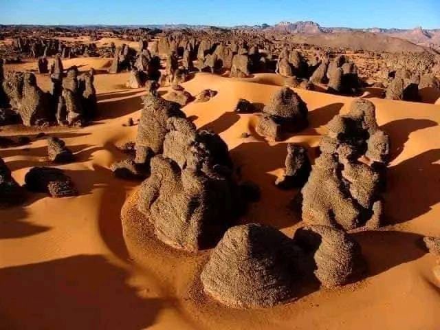 Dark sandstone pinnacles scattered across orange sand in the Tassili n'Ajjer