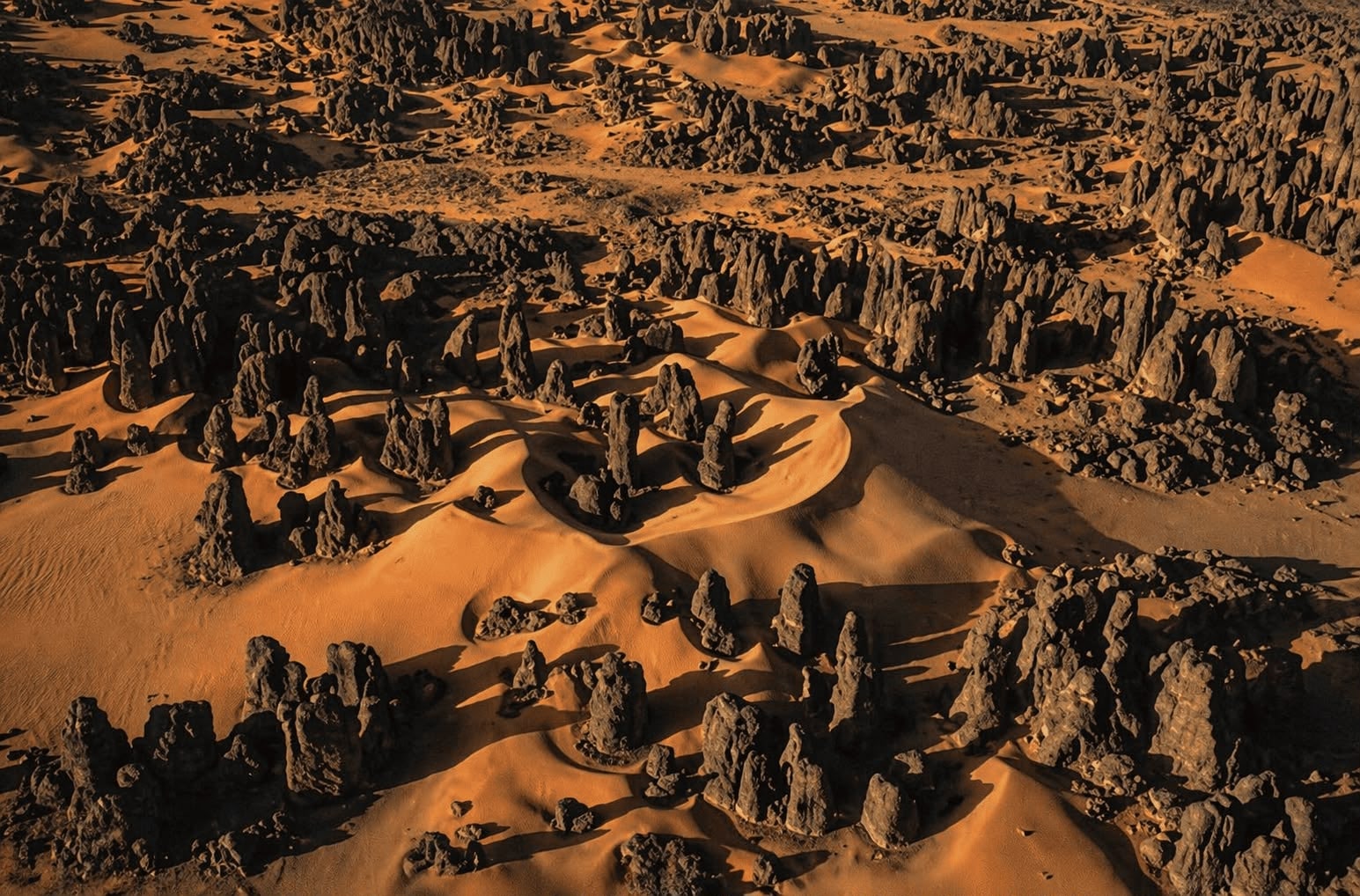 A maze of rock towers and dunes seen from above in the Tassili n'Ajjer