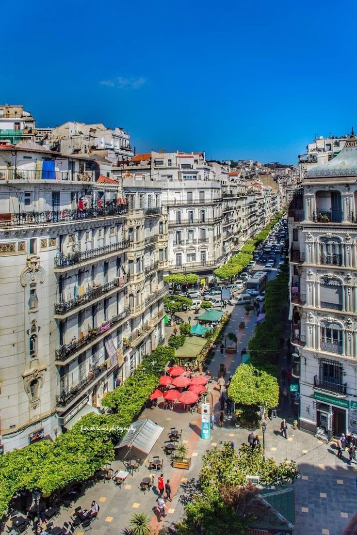 Aerial view of the busy boulevards and squares of central Algiers