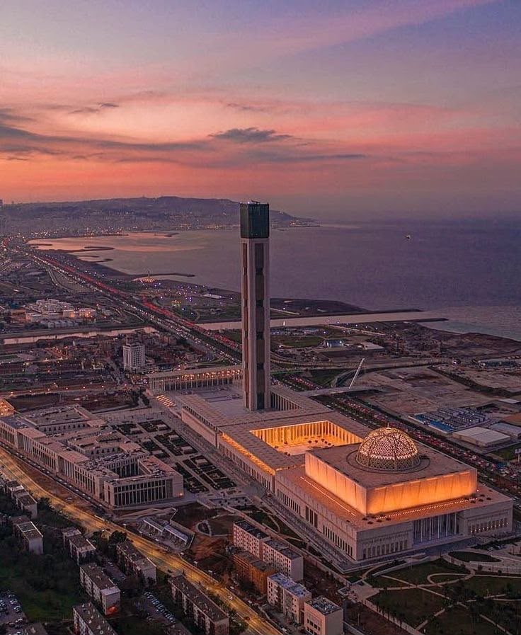 The Great Mosque of Algiers at dusk over the bay