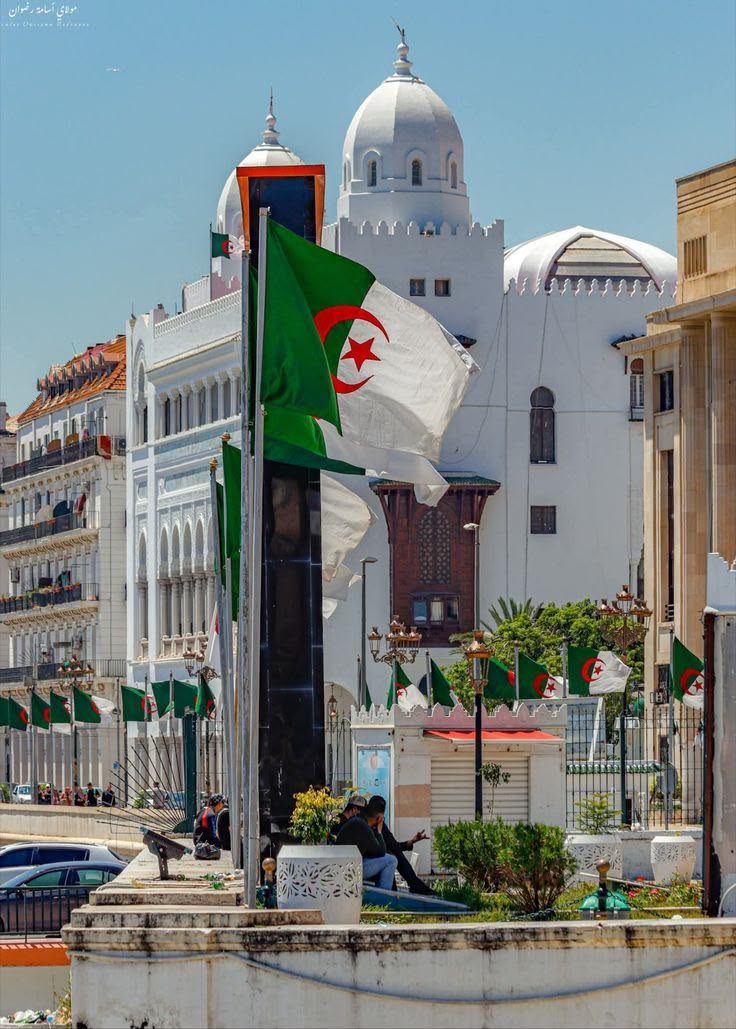 White domed mosque and Algerian flag in the old city of Algiers