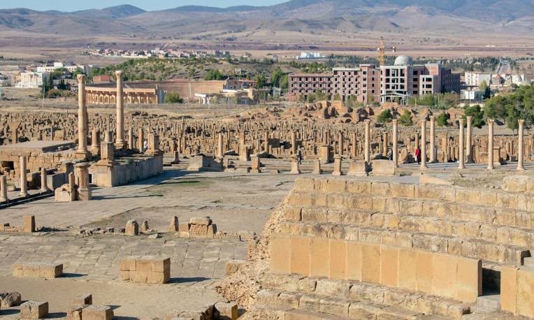 Rows of columns among the Roman ruins of Timgad, Batna province, Algeria